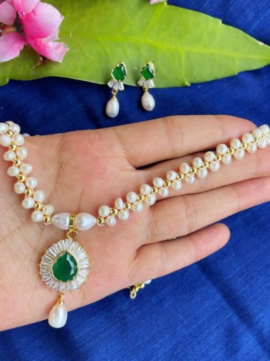 Green Stone Real Pearls Necklace Set AJP2022-11