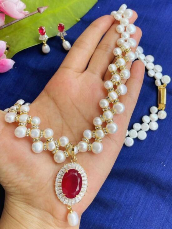 Red Stone Real Pearls Necklace APJ2022-12