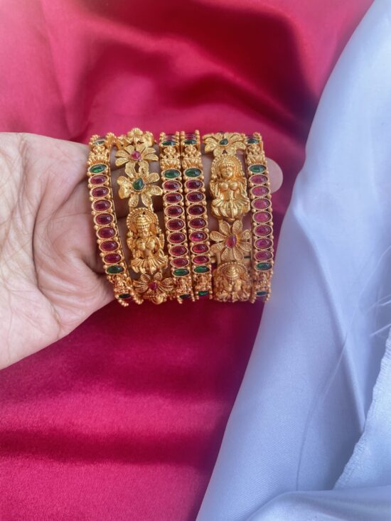 Gold Toned Lakshmi Brass Bangles With Kempu Stone AJP2022-46