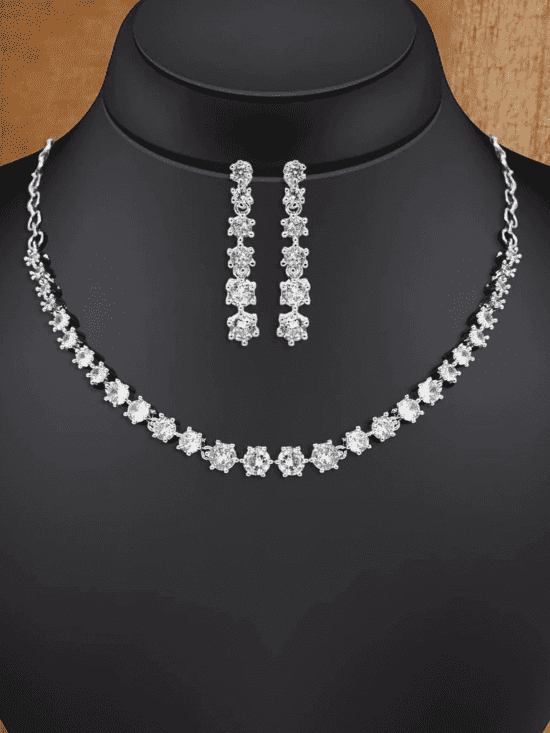 Silver Color American Diamond Necklace Set AJP2023-19