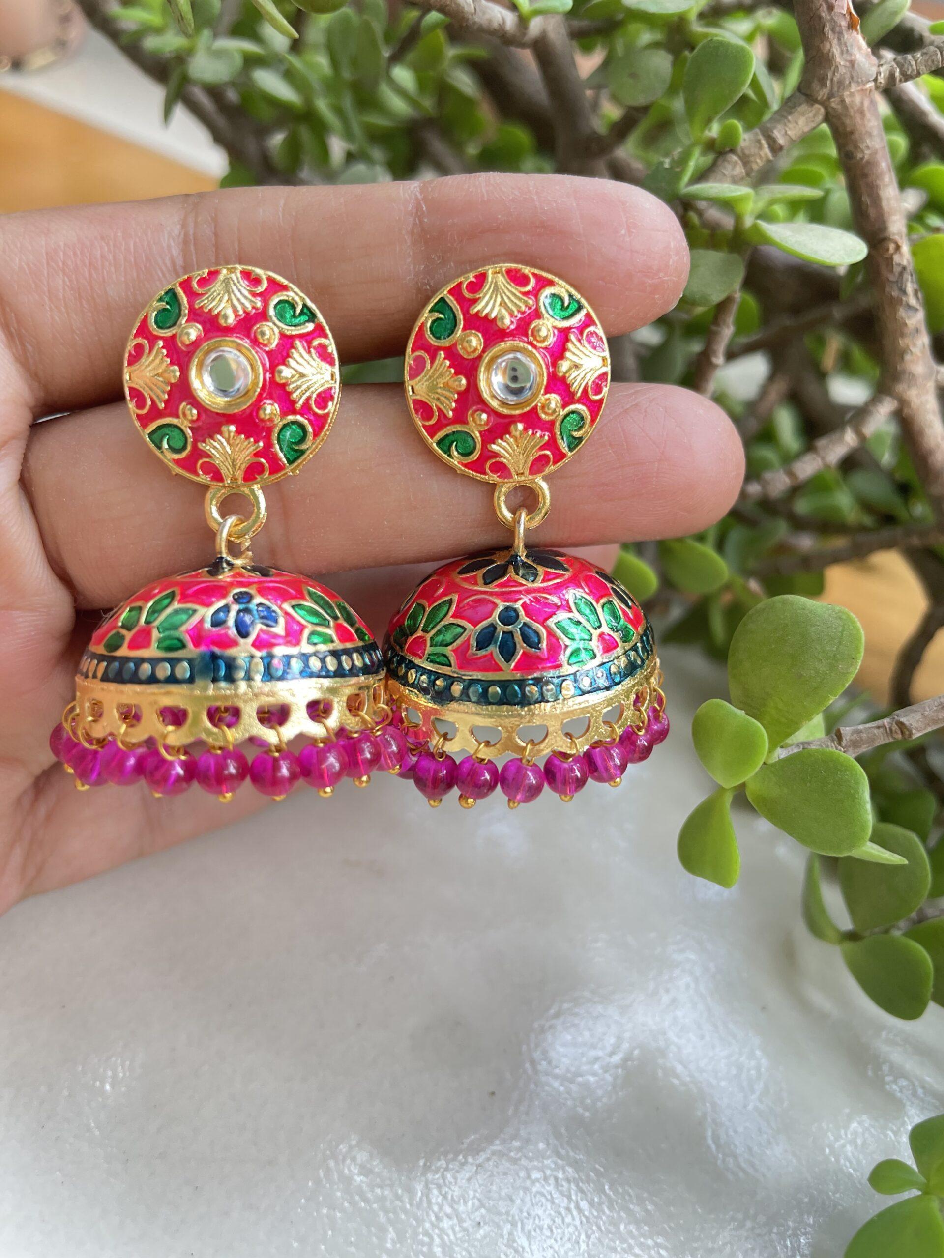 Handpainted Meenakari Work Gold Plated designer Mogra Fitted Pearl Designer Jhumka  earring for Women and Girls. | K M HandiCrafts India