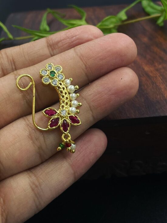 Gold-Plated Artificial Stone and Beads-Studded Nosepin AJP2023-233