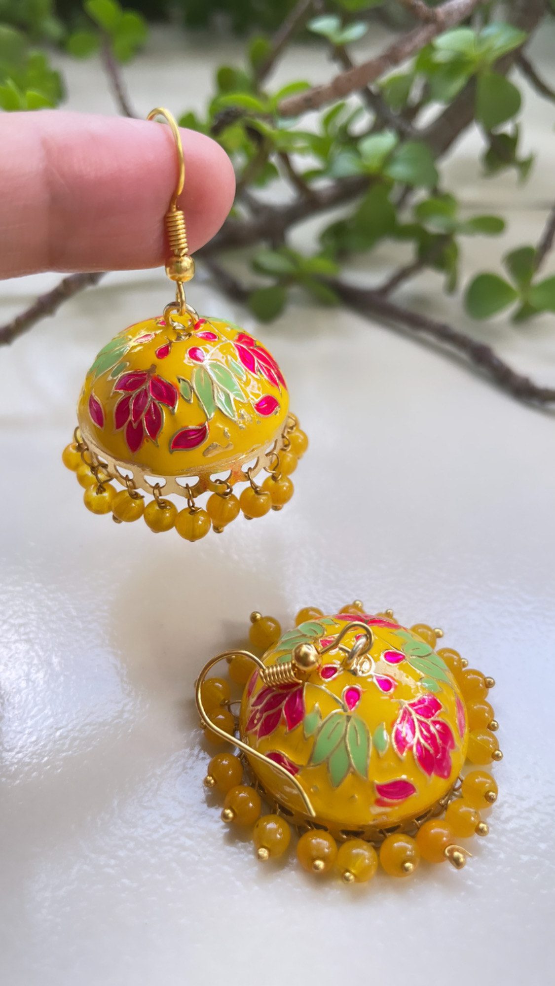 Meenakari Jhumka Earrings with Sea Pearl Danglers and Beads - Pink & G –  Viari