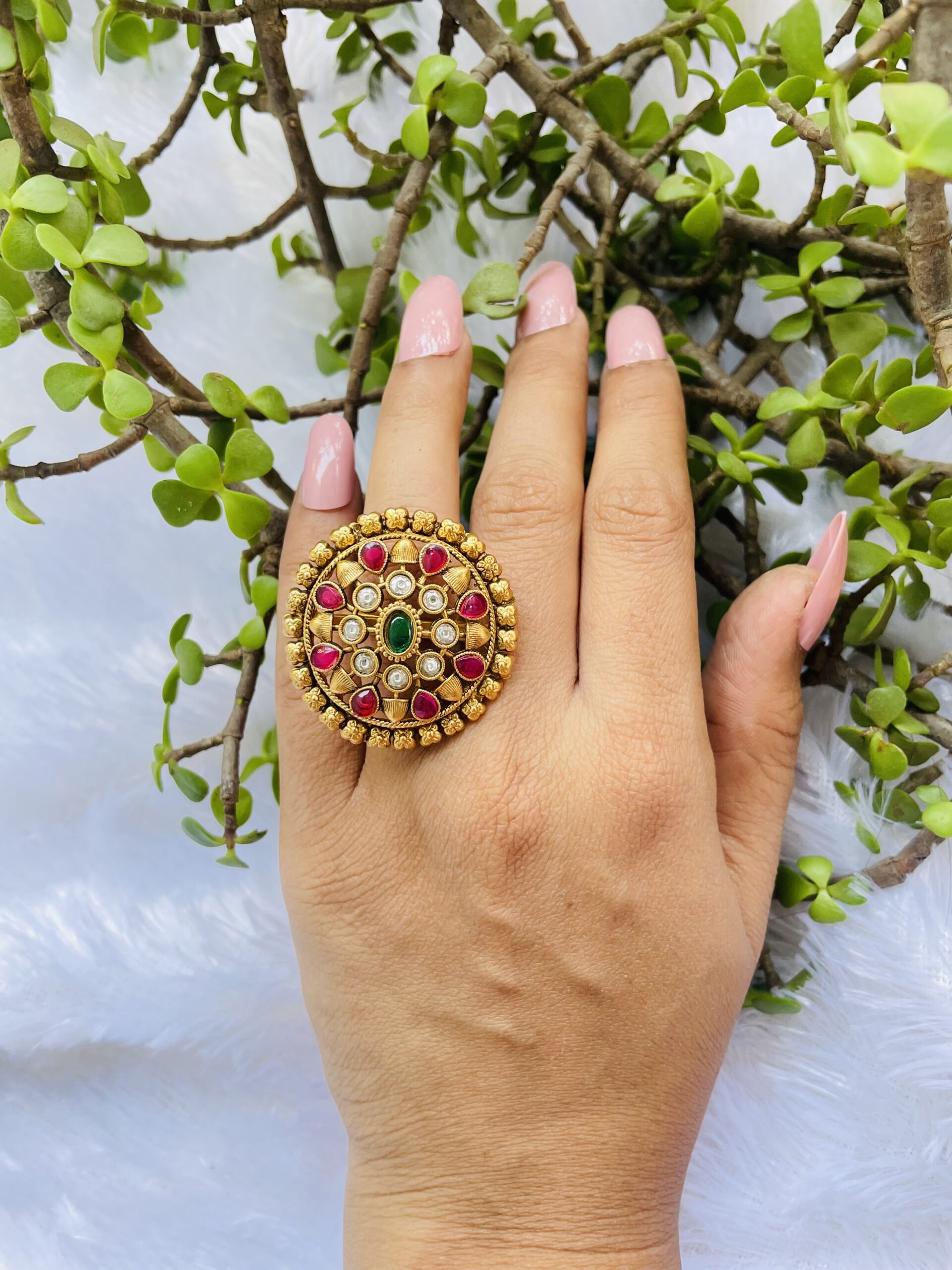 Golden Red and Green Tone Kundan and Mesh Pearl Ring – Kalash Cards