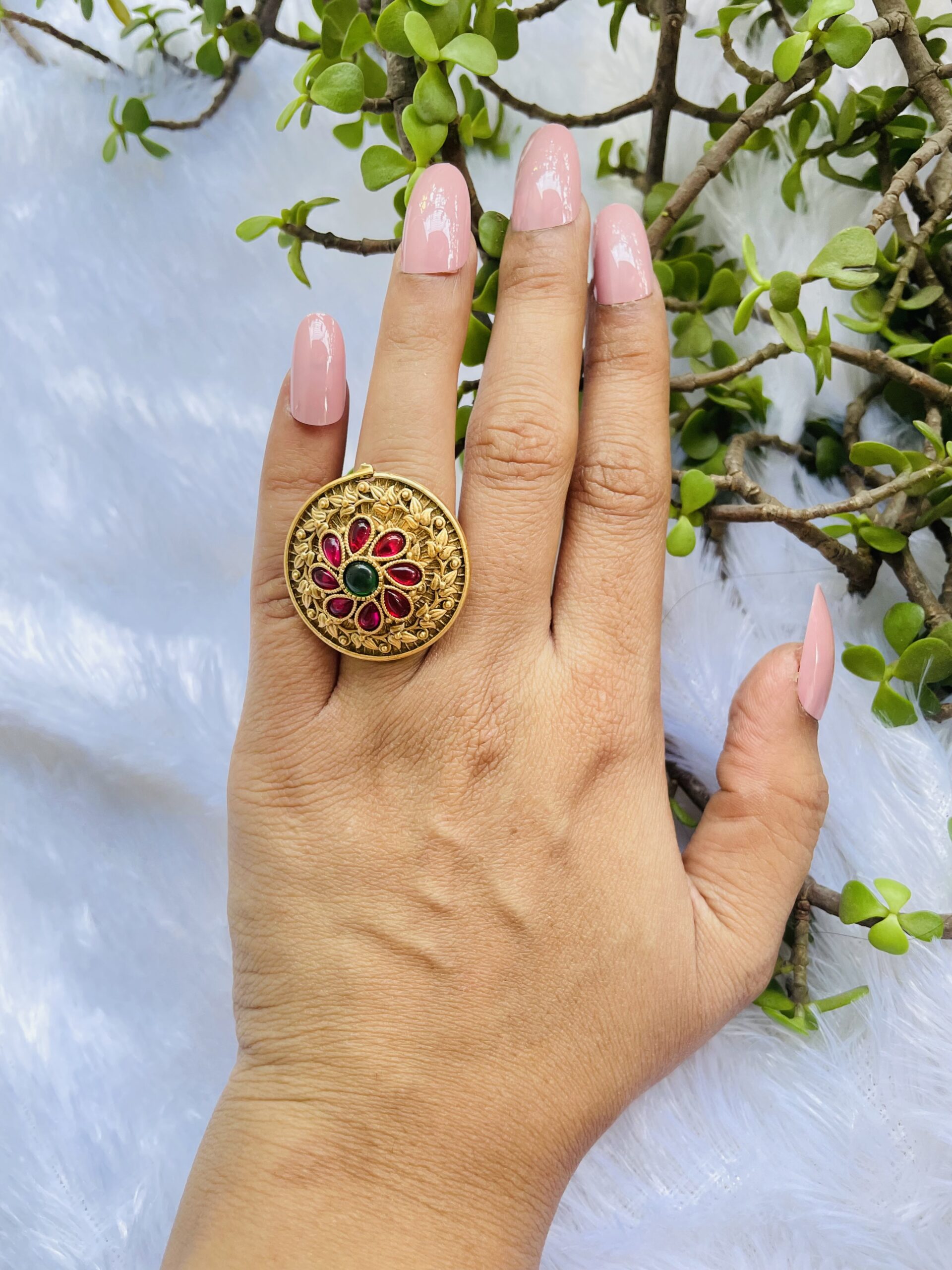 Gold Plated Ruby Two Finger Ring Design by Kaari at Pernia's Pop Up Shop  2024