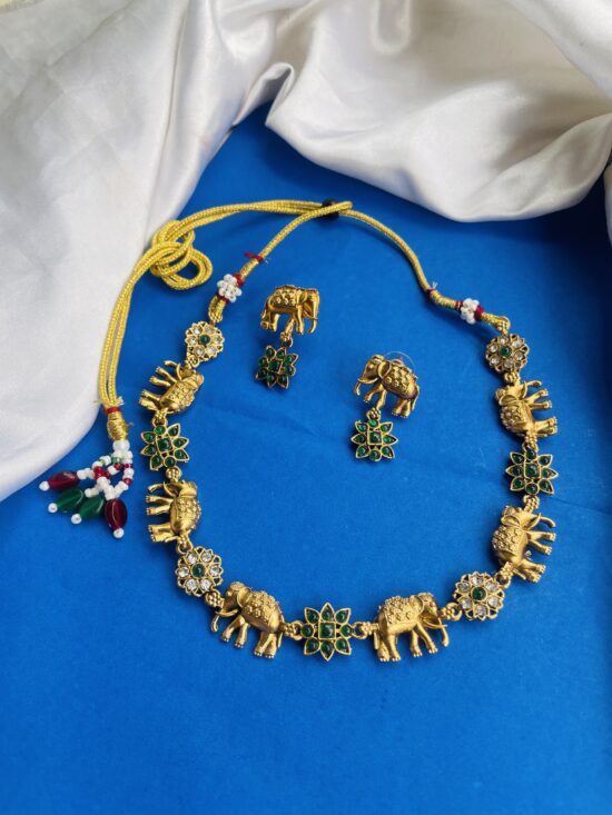 Green Stone Elephant Necklace With Earrings AJP2024-377