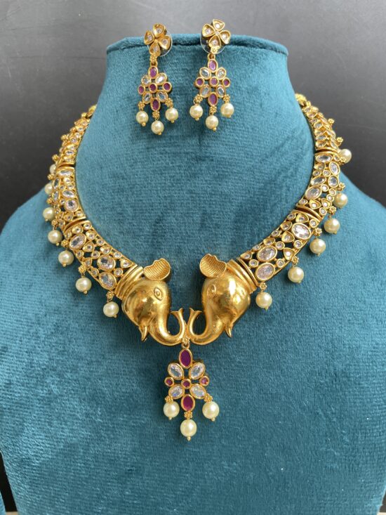 AD Stone Elephant Design Necklace With Earrings AJP2025-403