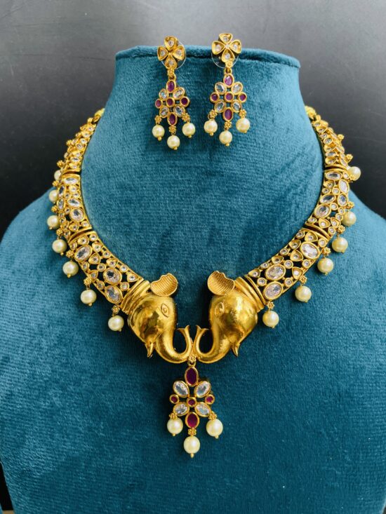 AD Stone Elephant Design Necklace With Earrings AJP2025-403