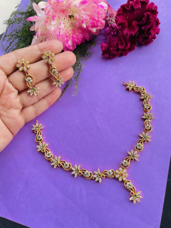 AD Stone Flower Design Necklace With Earrings AJP2025-401