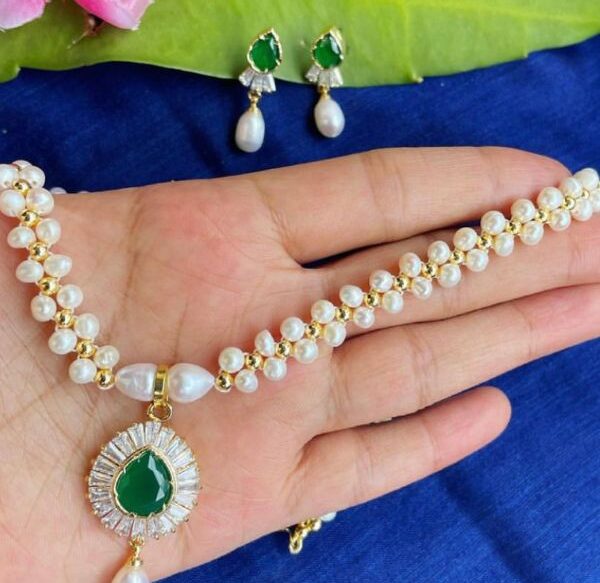 Green Stone Real Pearls Necklace Set AJP2022-11