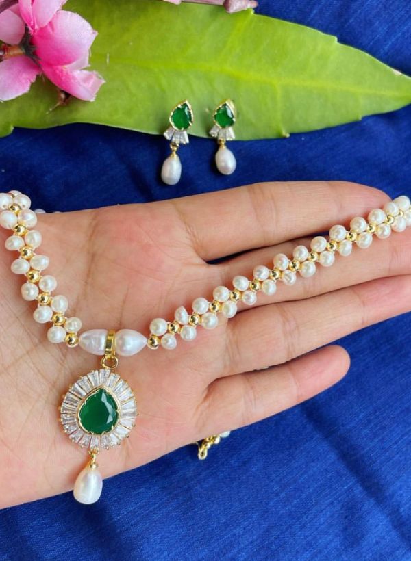 Green Stone Real Pearls Necklace Set AJP2022-11