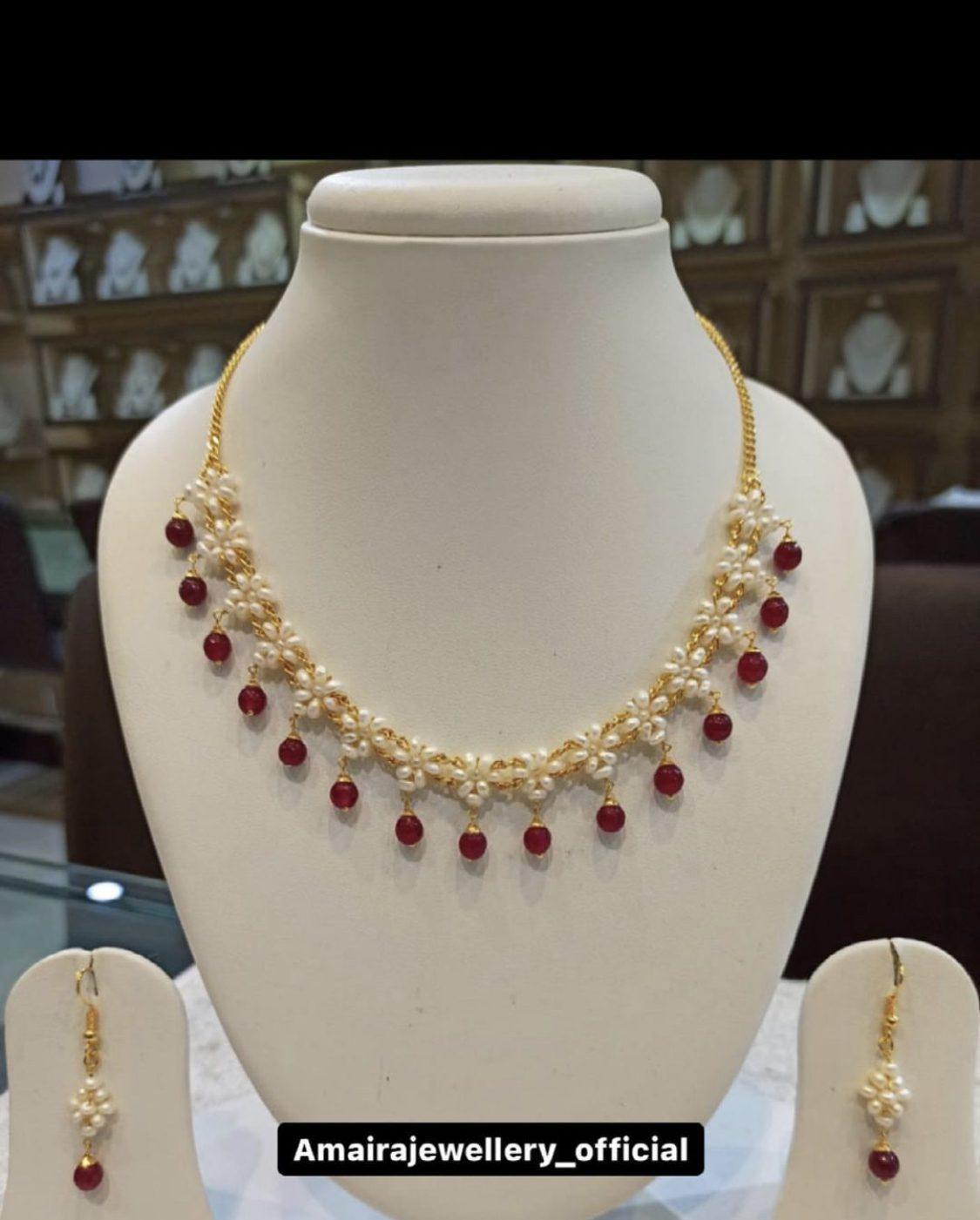 Red Beads Real Pearls Necklace AJP2023-145 - Image 3