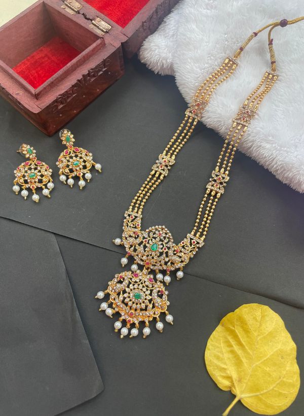 MATTER GOLD FINISH UNCUT LONG HARAM WITH EARRINS AJP2022-23