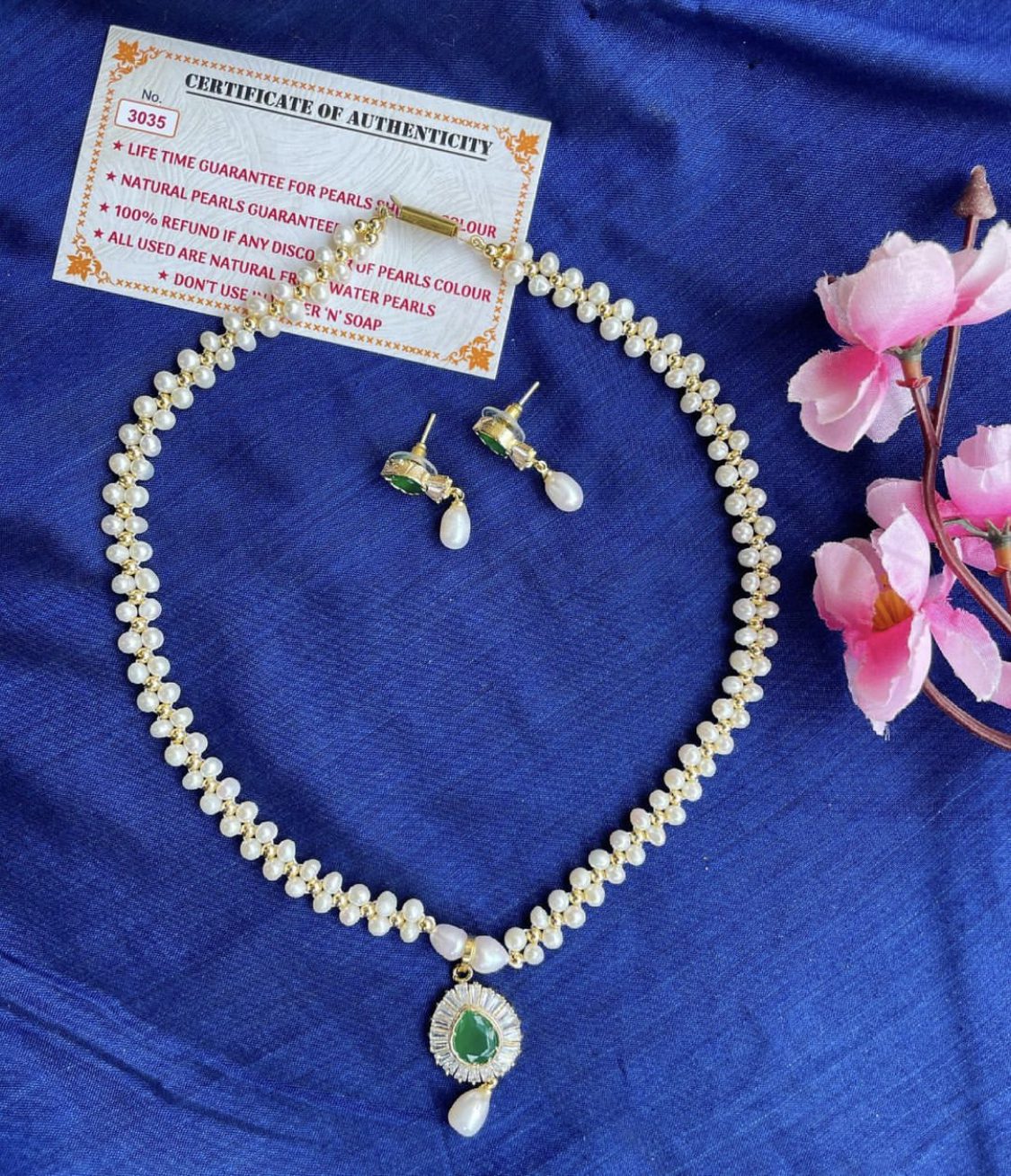 Green Stone Real Pearls Necklace Set AJP2022-11 - Image 2