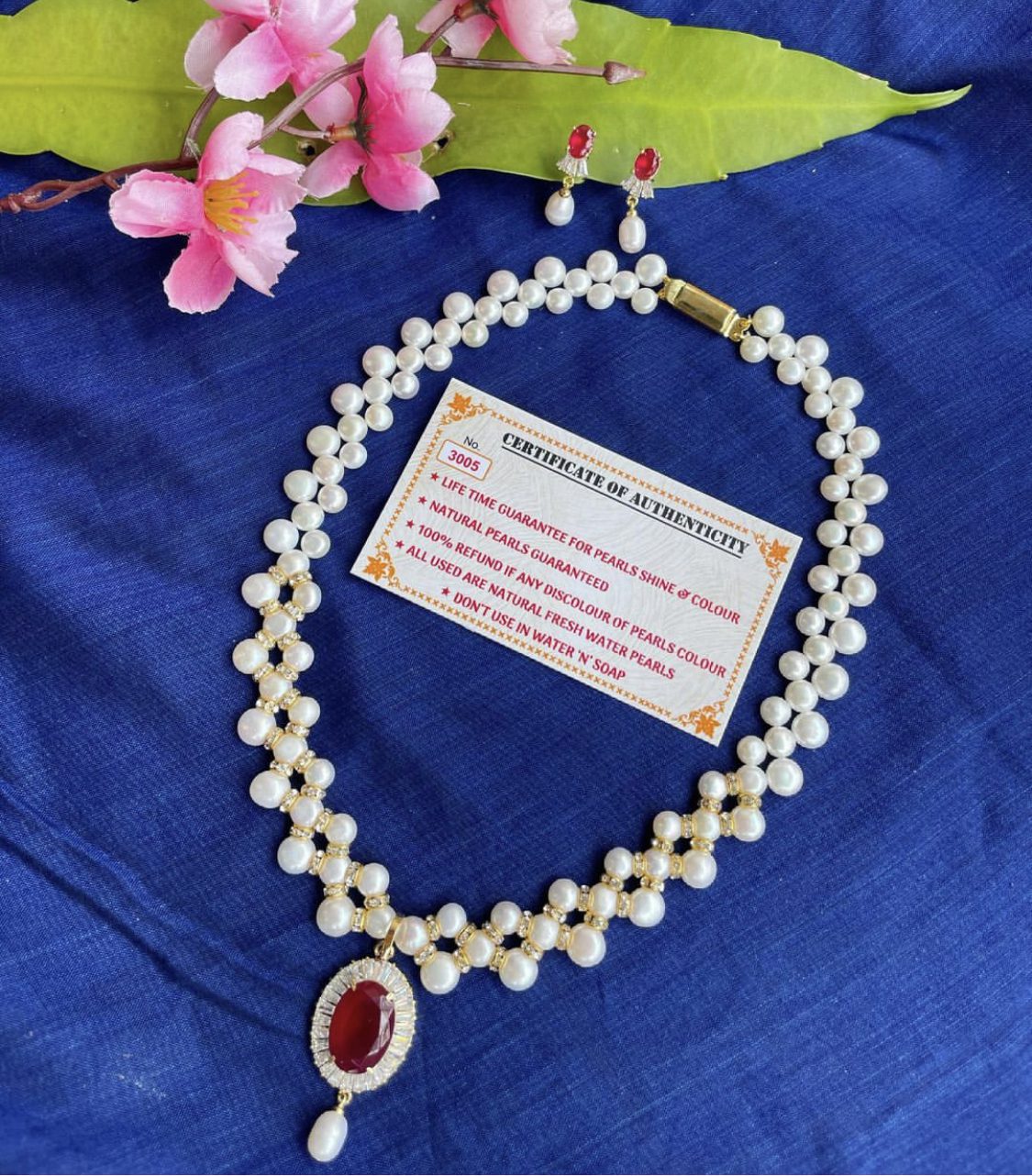 Red Stone Real Pearls Necklace APJ2022-12 - Image 2