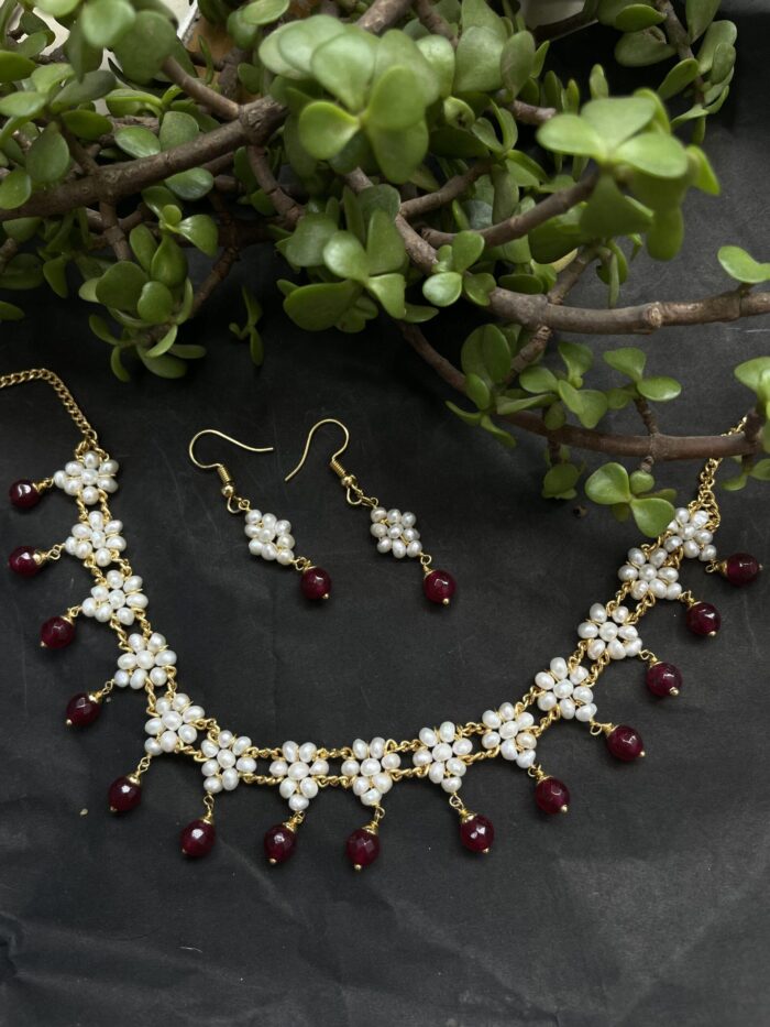 Red Beads Real Pearls Necklace AJP2023-145
