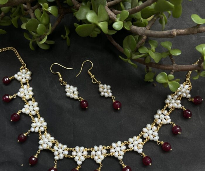 Red Beads Real Pearls Necklace AJP2023-145