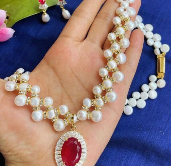 Red Stone Real Pearls Necklace APJ2022-12