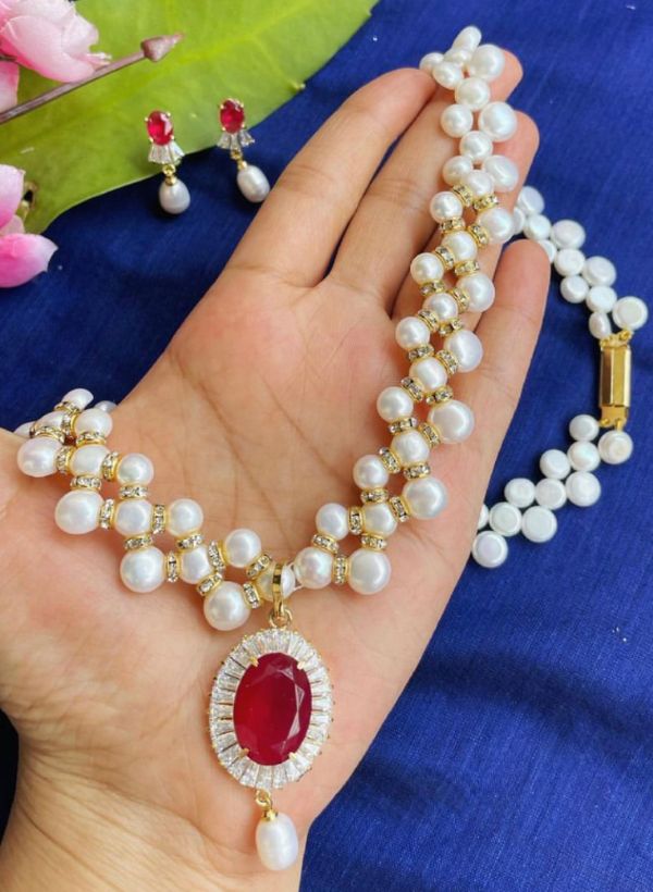 Red Stone Real Pearls Necklace APJ2022-12