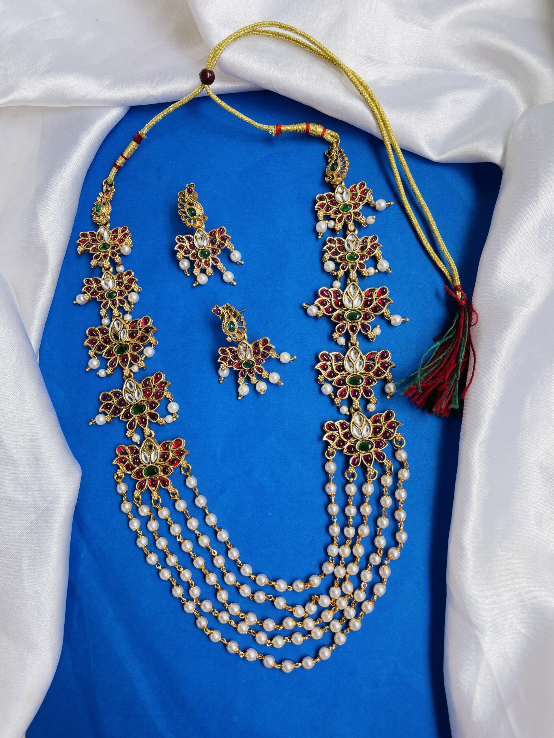 Peacock Lotus Kemp Stone Necklace With Earrings AJP2023- 360