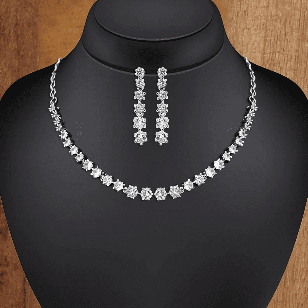 Silver Color American Diamond Necklace Set AJP2023-19 - Image 2