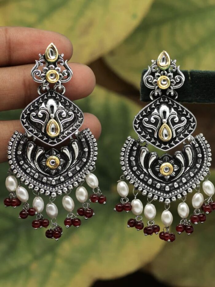 Maroon  Color Stone Oxidised Dual Tone Earrings AJP2023-22