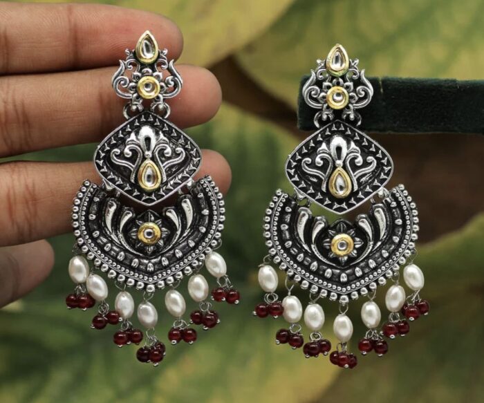 Maroon  Color Stone Oxidised Dual Tone Earrings AJP2023-22