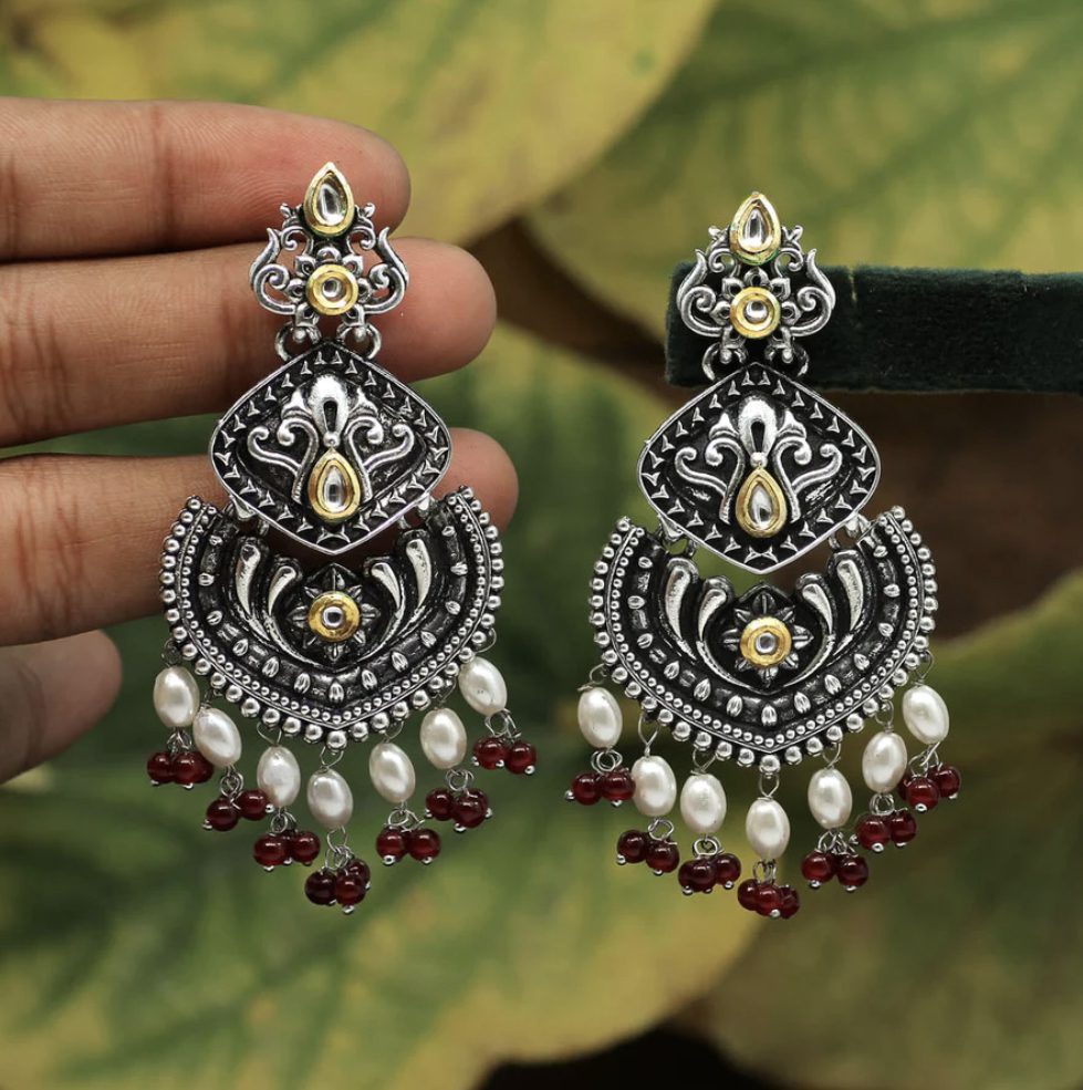 Maroon Color Stone Oxidised Dual Tone Earrings AJP2023-22