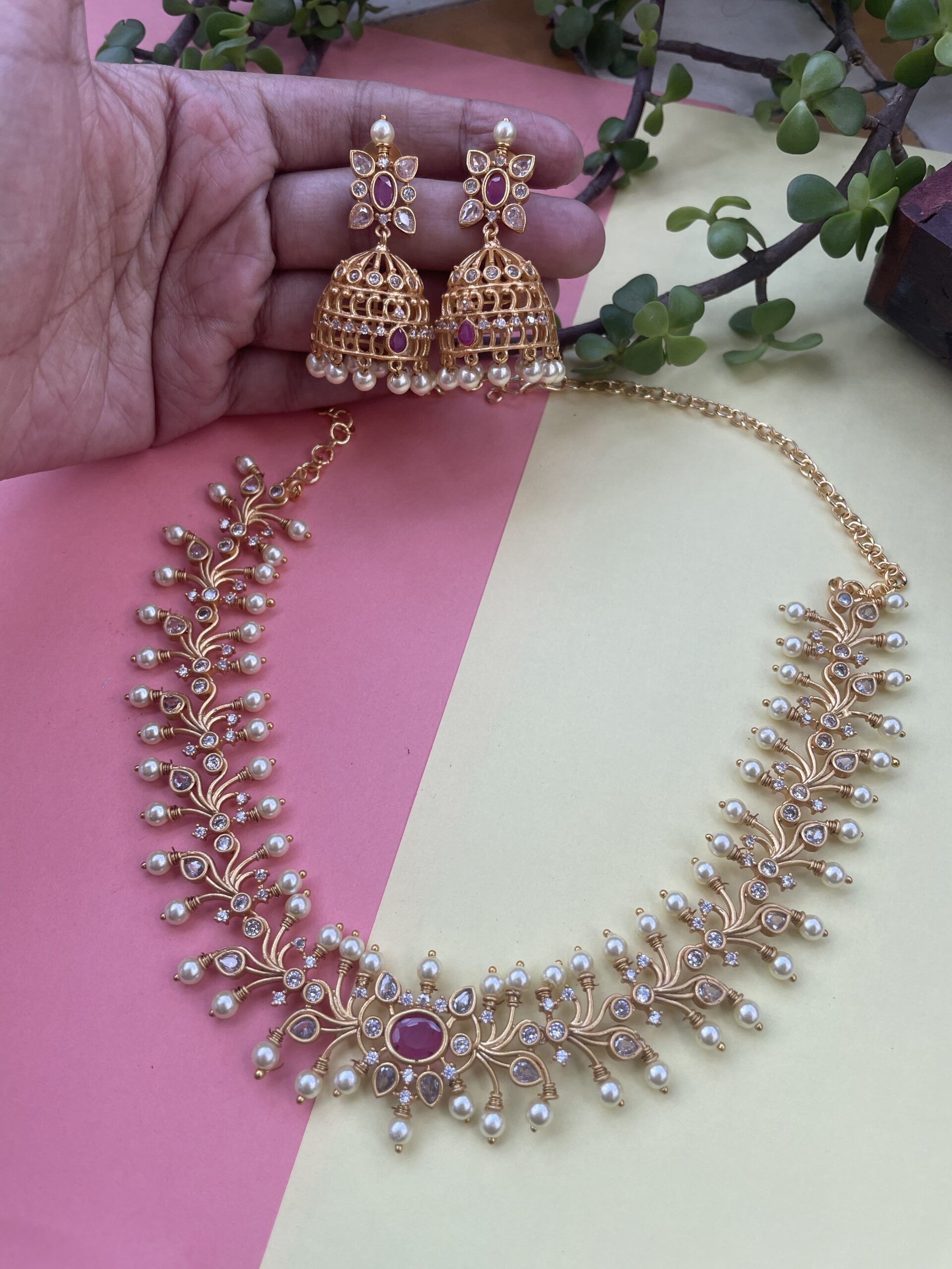 AD Leaf Necklace With Jumkas AJO2022-22 - Image 3