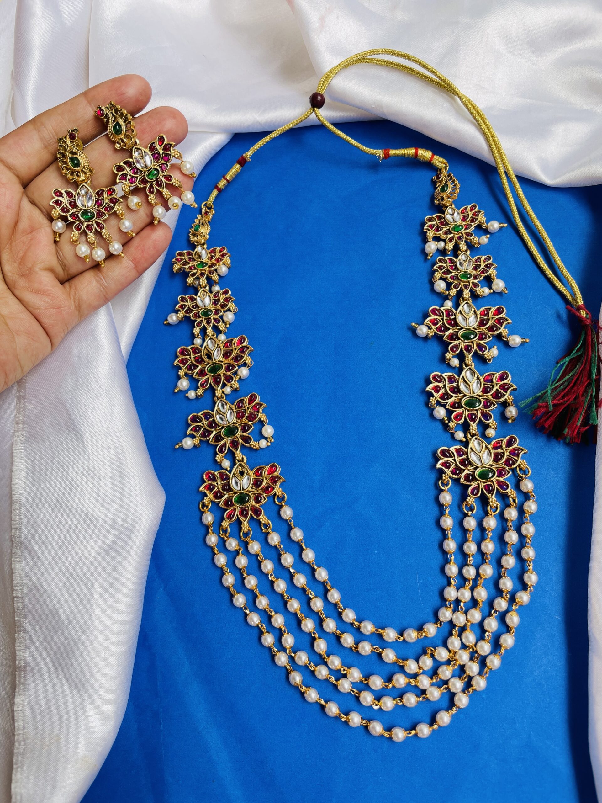 Peacock Lotus Kemp Stone Necklace With Earrings AJP2023- 360 - Image 4