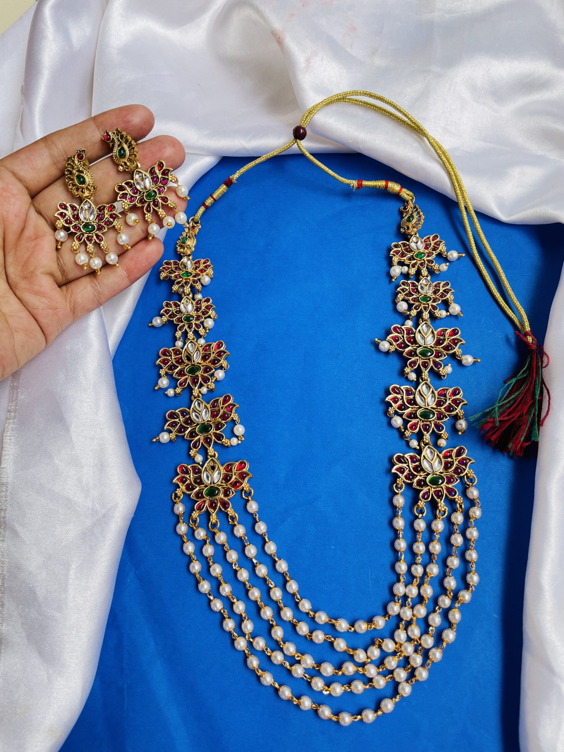 Peacock Lotus Kemp Stone Necklace With Earrings AJP2023- 360 - Image 3