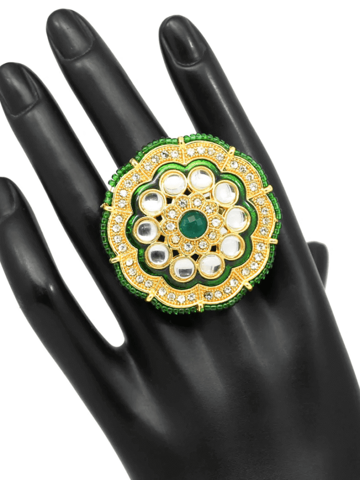 Green Color Kundan Meenakari Finger Ring AJP2023-29