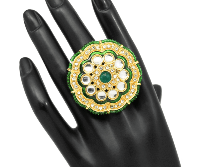 Green Color Kundan Meenakari Finger Ring AJP2023-29