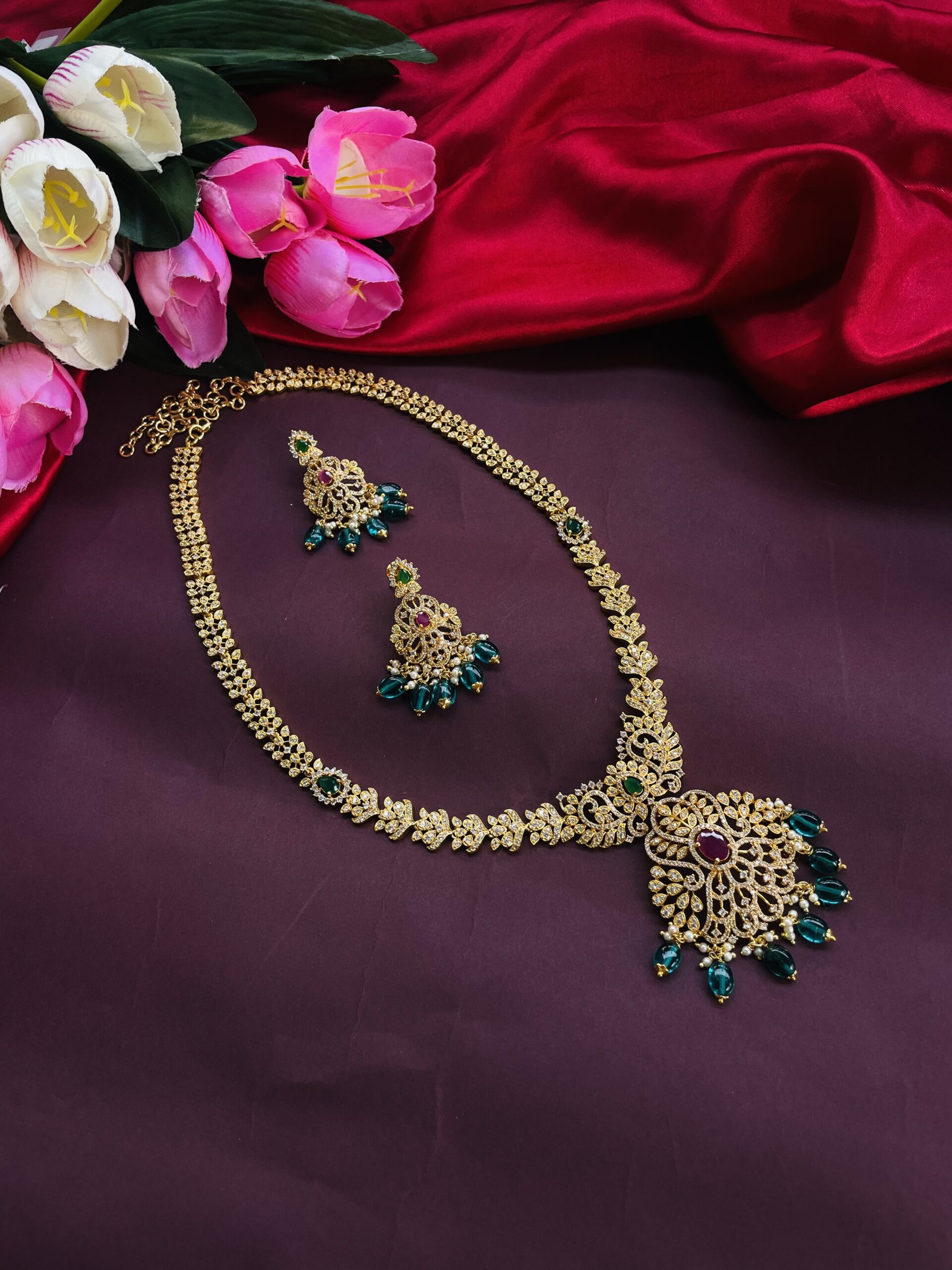 AD Stone Long Necklace With Earrings AJP2023-339 - Image 3