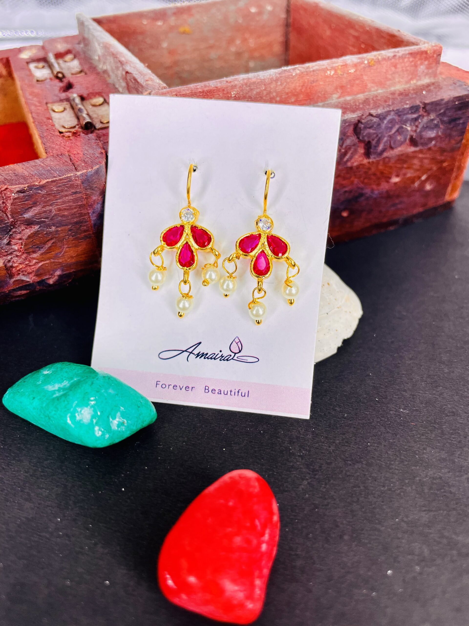 Golden Colour Studded Pink Stone Traditioanl Bugadi Earrings For Women/Girls AJP2023-216