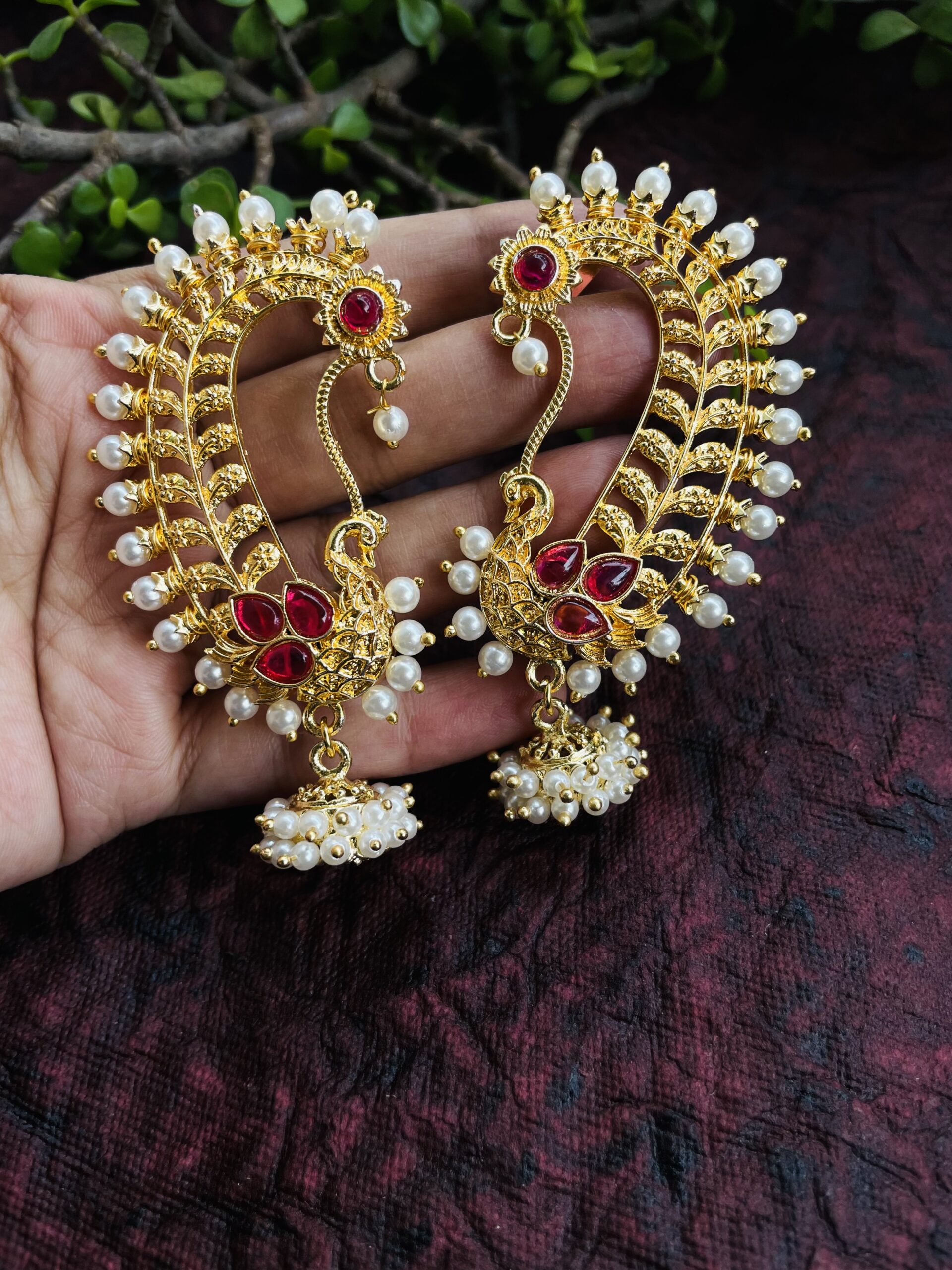 Peacock Pearl Earcuff, Multicolor Stone Studded Ear Cuffs AJP2023-307