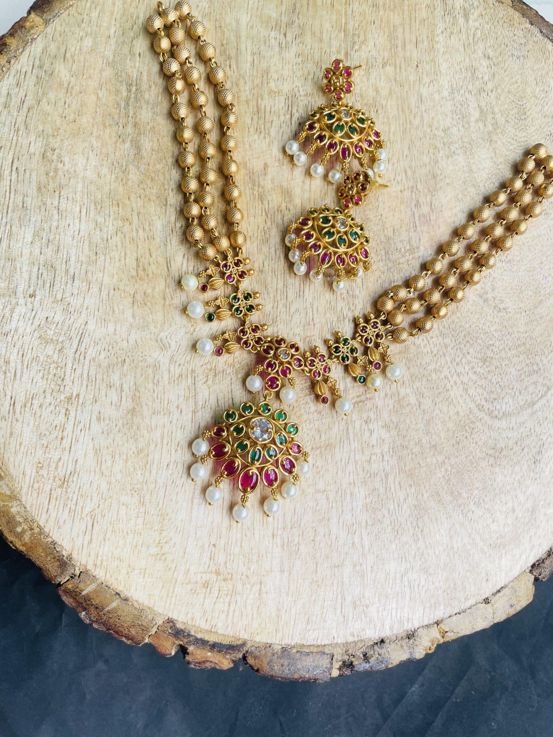 Real Kemp Stone Necklace With Earrings AJP2023- 158 - Image 3