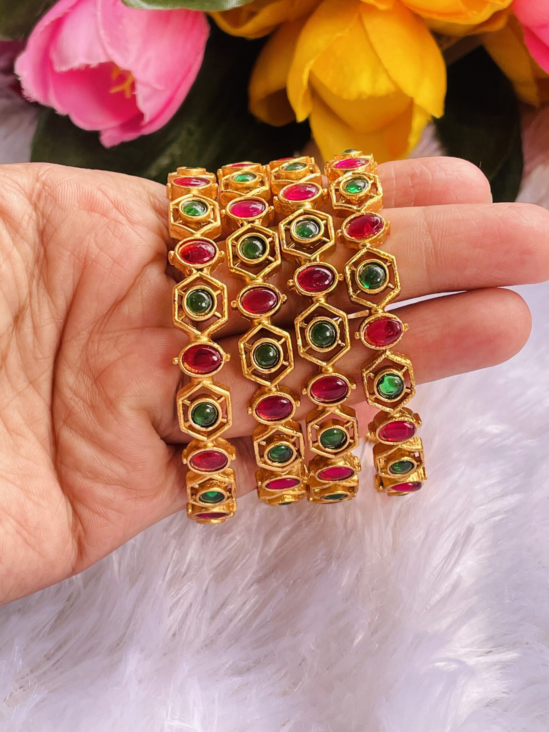 Gold Toned Kempu Stone Bangles AJP2022-50 - Image 3
