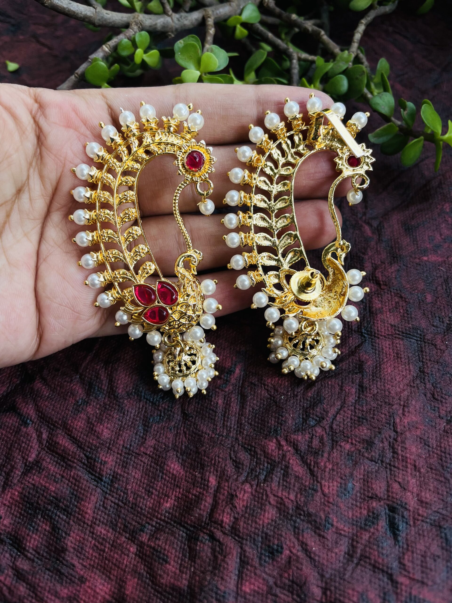 Peacock Pearl Earcuff, Multicolor Stone Studded Ear Cuffs AJP2023-307 - Image 2