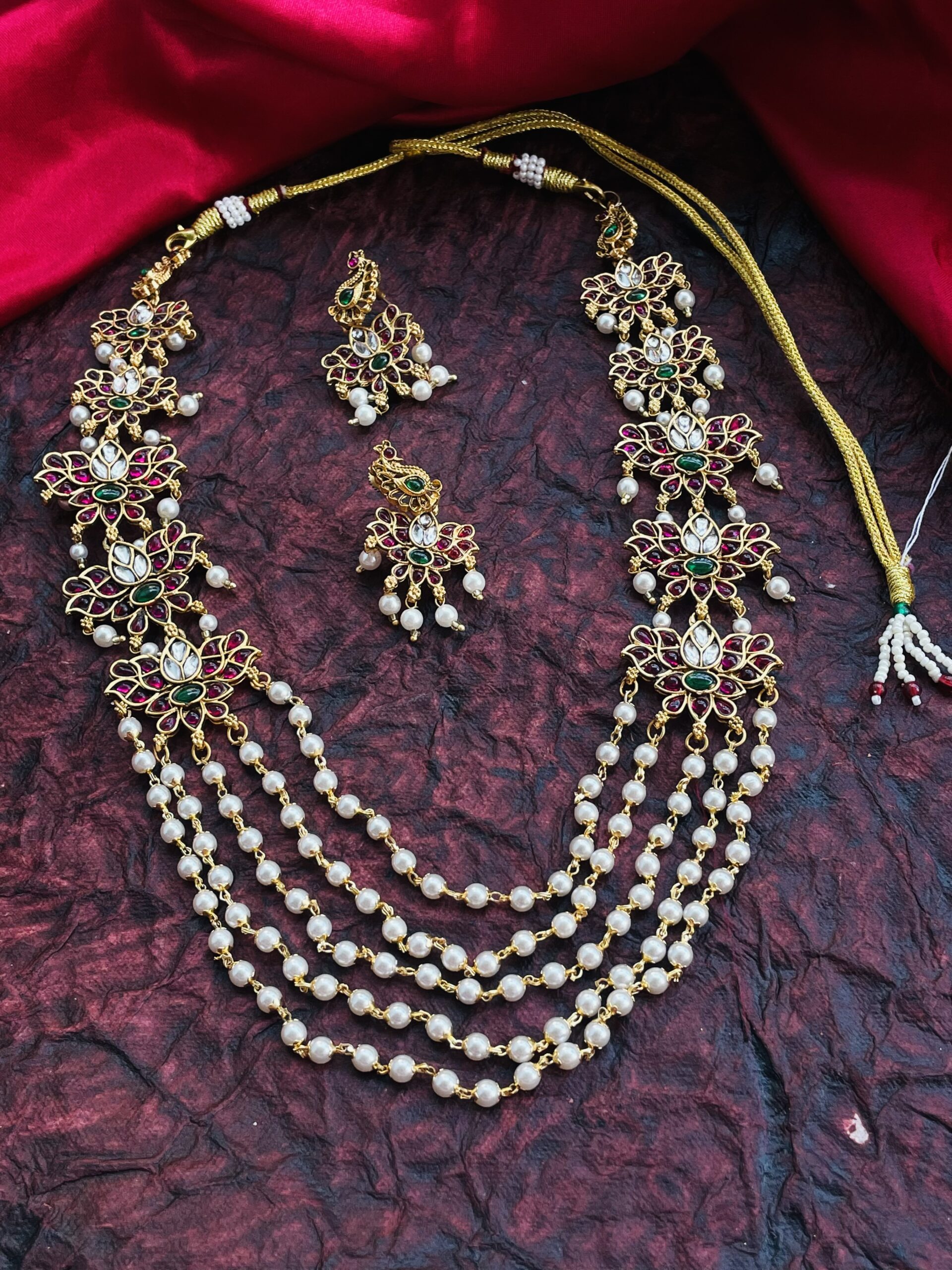 Peacock Lotus Kemp Stone Necklace With Earrings AJP2023- 360 - Image 2