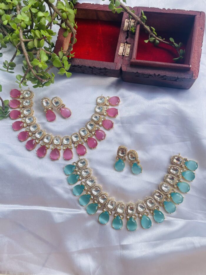 Gold Toned White American Diamond Studded Necklace With Earring Jewellery Set  AJP2023-180