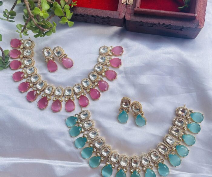 Gold Toned White American Diamond Studded Necklace With Earring Jewellery Set AJP2023-180