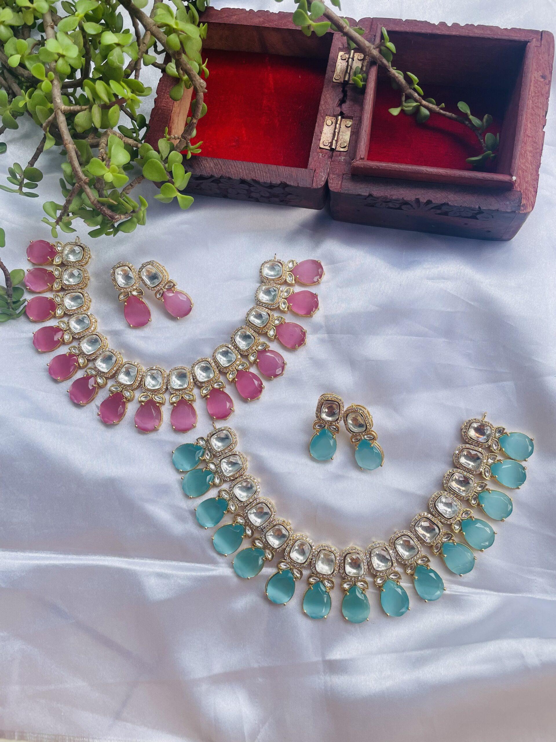 Gold Toned White American Diamond Studded Necklace With Earring Jewellery Set AJP2023-180