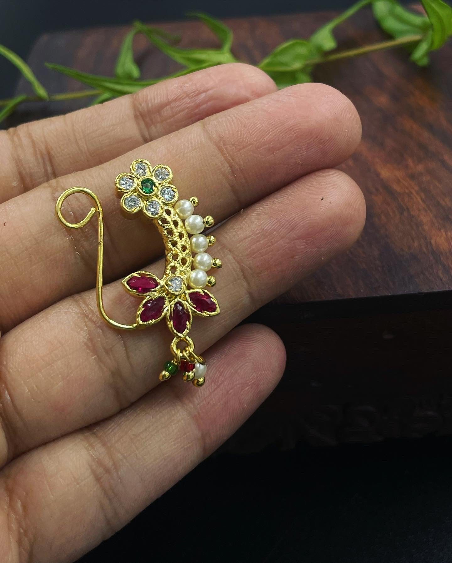 Gold-Plated Artificial Stone and Beads-Studded Nosepin AJP2023-233 - Image 2