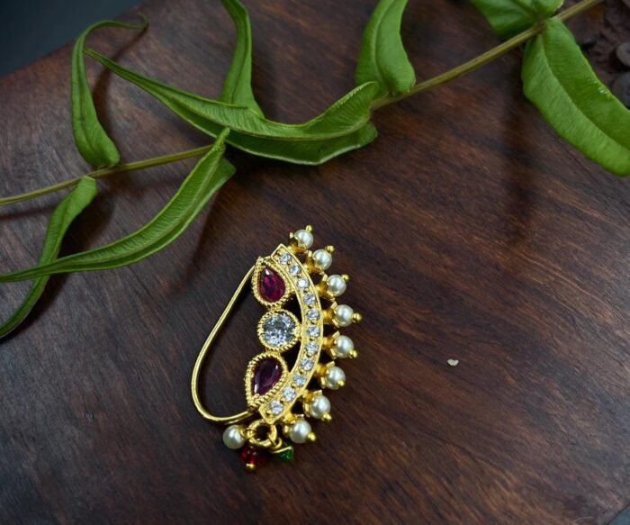 Maharashtrian Nath CZ Nose Ring Without Piercing Pearl Gold Plated Nath Clip On Nose Ring For Women AJP2023-234
