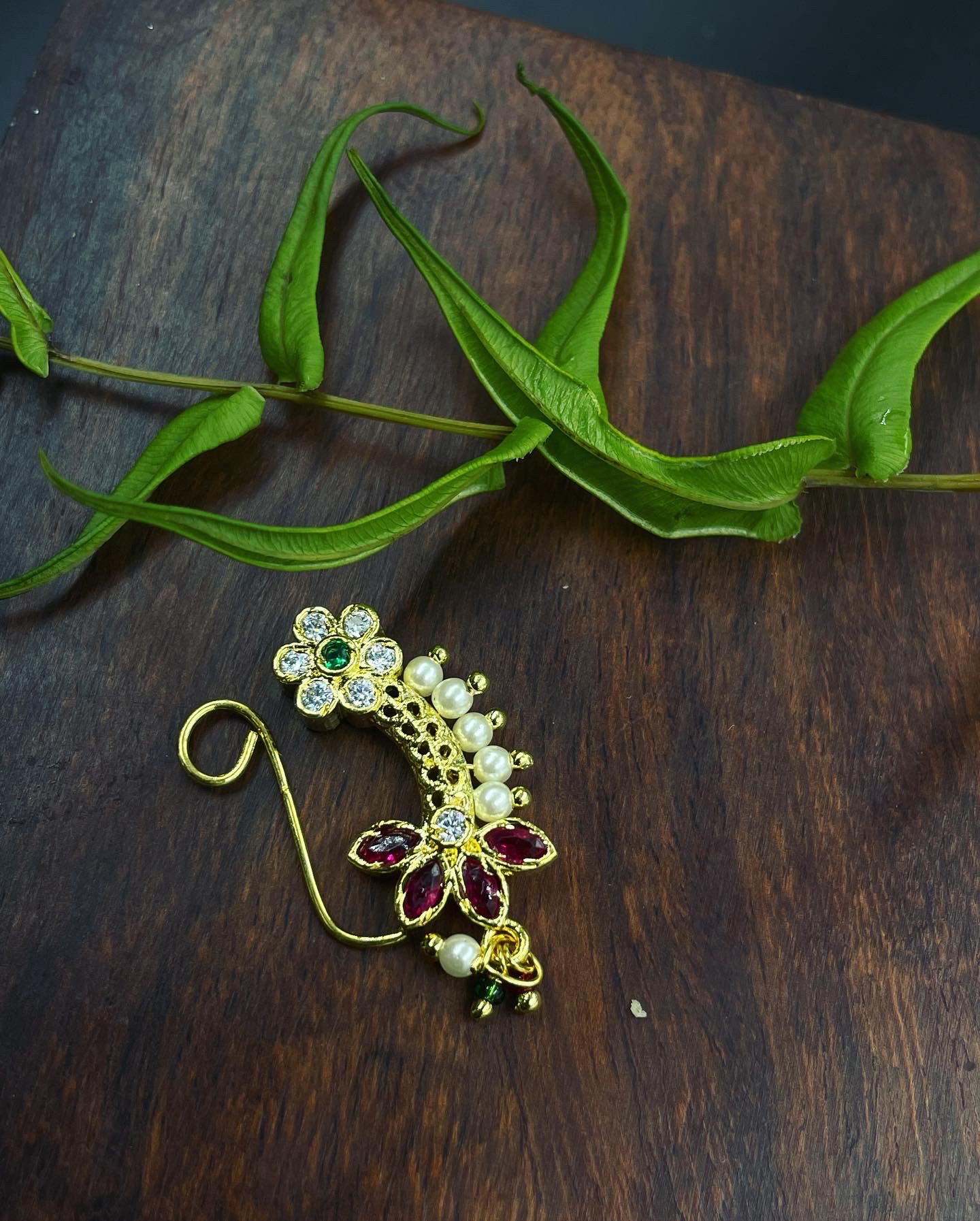 Gold-Plated Artificial Stone and Beads-Studded Nosepin AJP2023-233 - Image 3