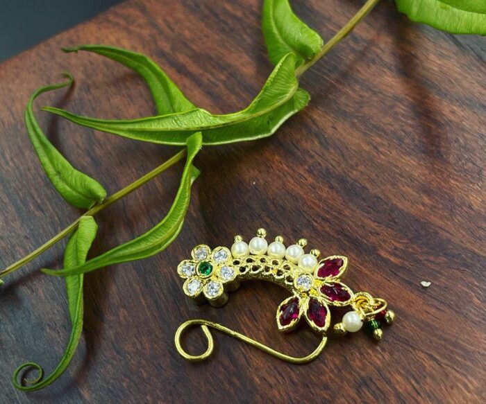 Gold-Plated Artificial Stone and Beads-Studded Nosepin AJP2023-233