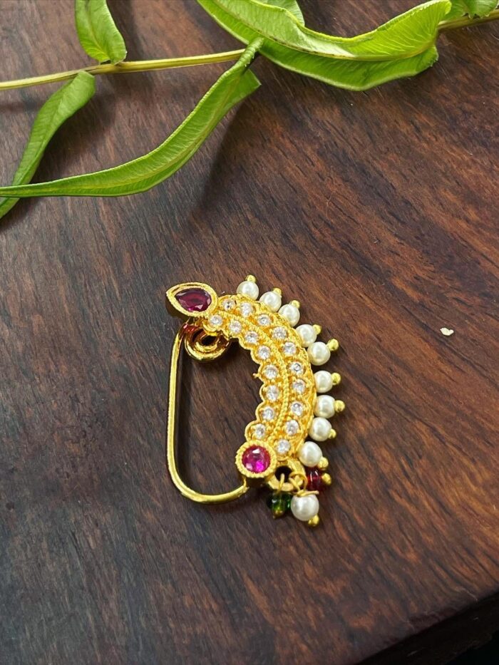 Maharashtrian Nath CZ Nose Stud Traditional Bridal Nath Wedding Jewellery Marathi AD Nose Stud Clip on Pearl  AJP2023-235