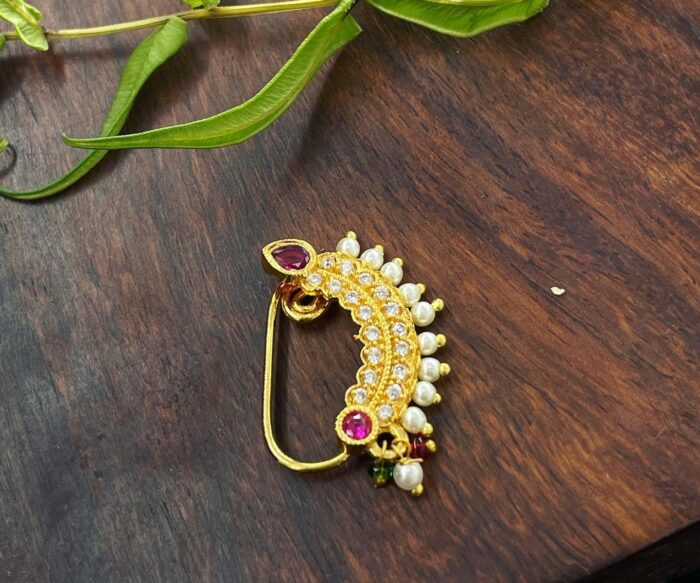 Maharashtrian Nath CZ Nose Stud Traditional Bridal Nath Wedding Jewellery Marathi AD Nose Stud Clip on Pearl  AJP2023-235