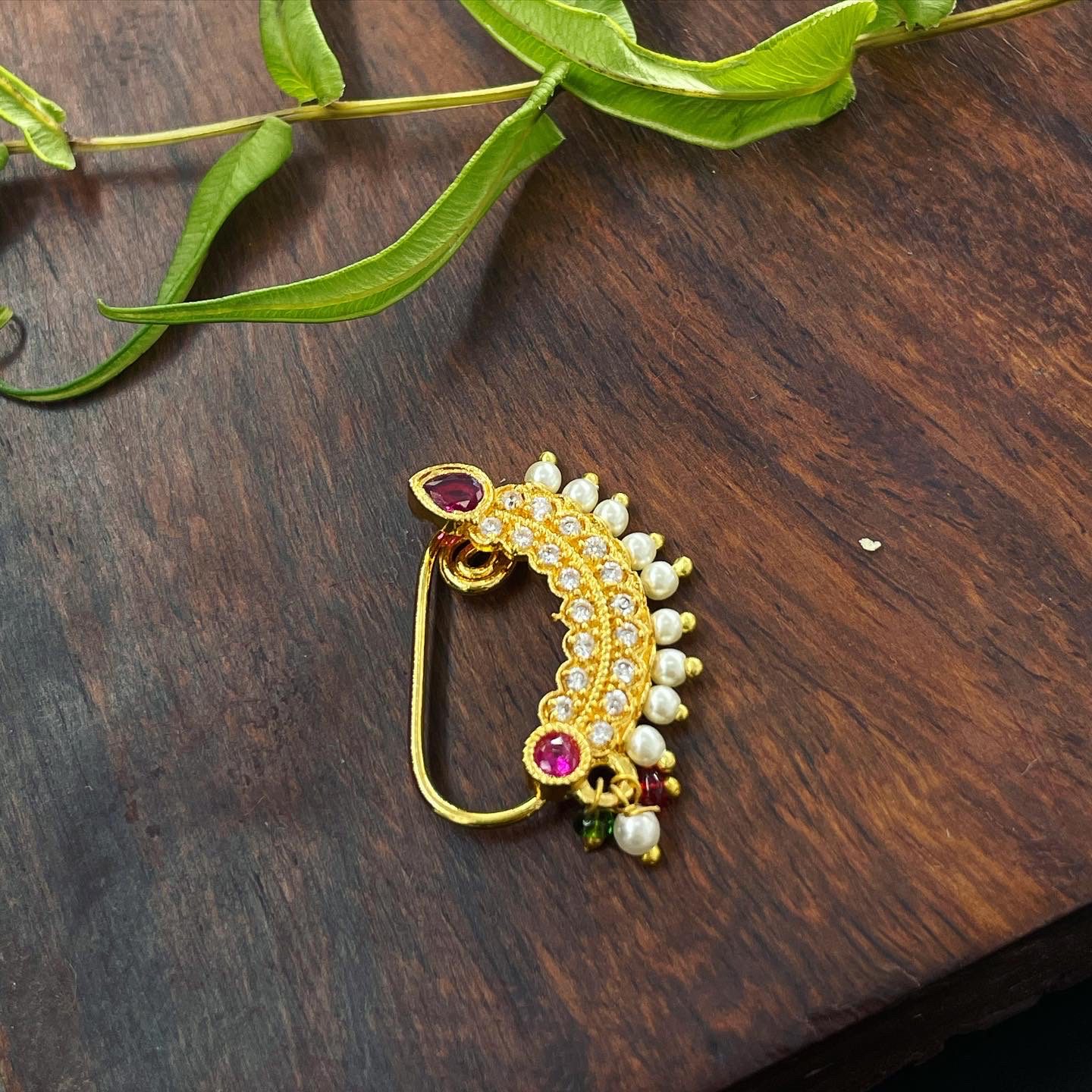 Maharashtrian Nath CZ Nose Stud Traditional Bridal Nath Wedding Jewellery Marathi AD Nose Stud Clip on Pearl AJP2023-235